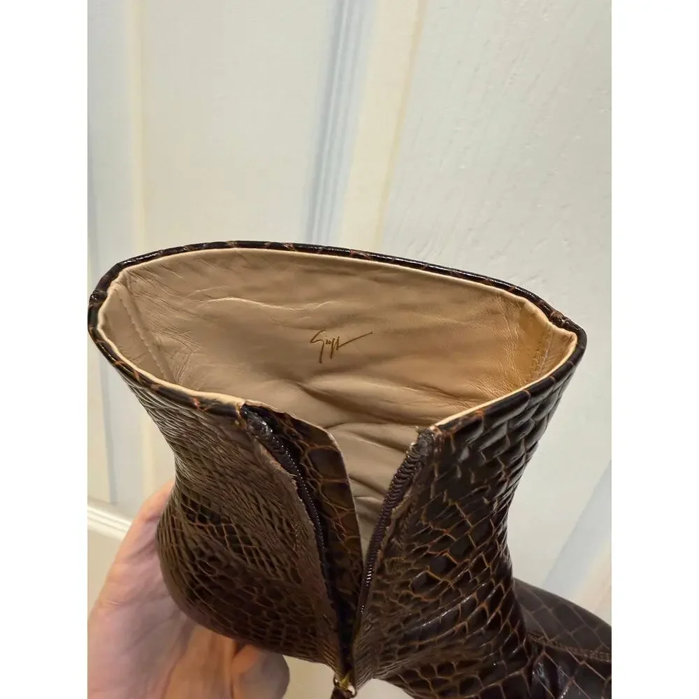Giuseppe‎ Zanotti Croc Embossed Leather Bootie Boots Brown Italian Size 39 Heel